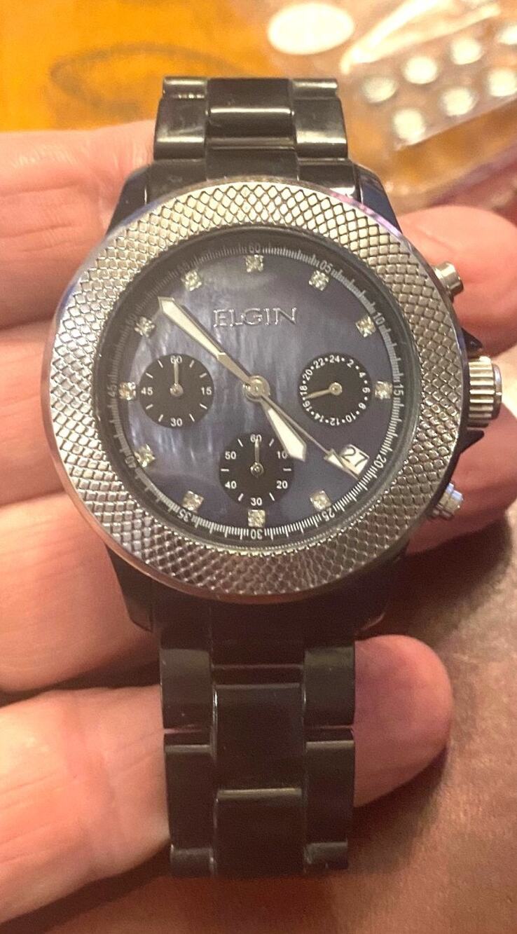 Women's 40mm Black Ceramic Elgin Watch, Silver Tone Bezel EG70408